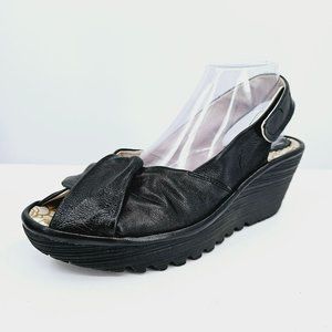 Fly London Yakin Ankle Strap Wedge Sandals 41 10 Black Leather Peep Toe Comfort